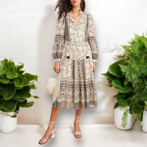 ANTHROPOLOGIE Women’s Talulah Tiered Midi Dress in the Size Small Neutral Motif - Picture 3 of 16